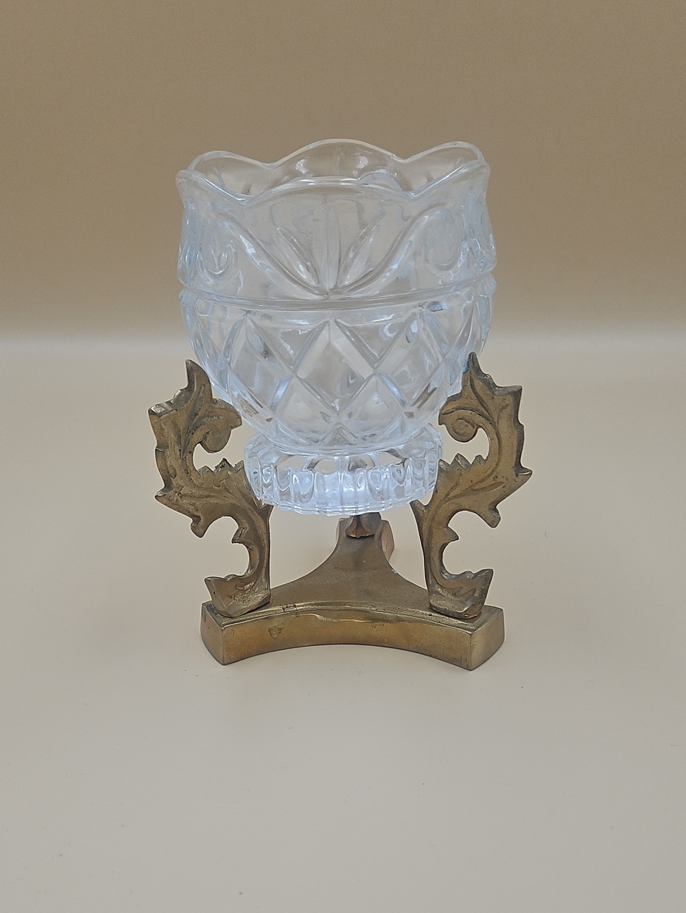 Clear Cut Glass Votive / Candle Holder with Brass Ornate Base